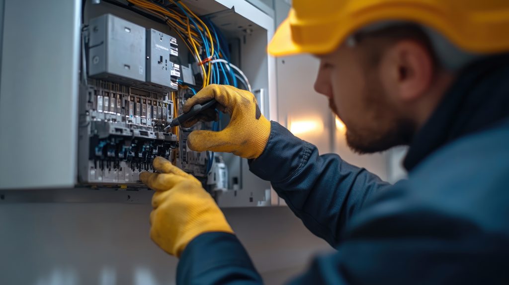 Job - Career - Opportunities - A man in a yellow hat and yellow gloves is working on a power box. He is focused on his task and he is a skilled electrician